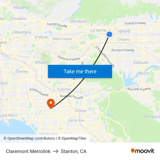 Claremont Metrolink to Stanton, CA map