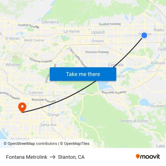 Fontana Metrolink to Stanton, CA map