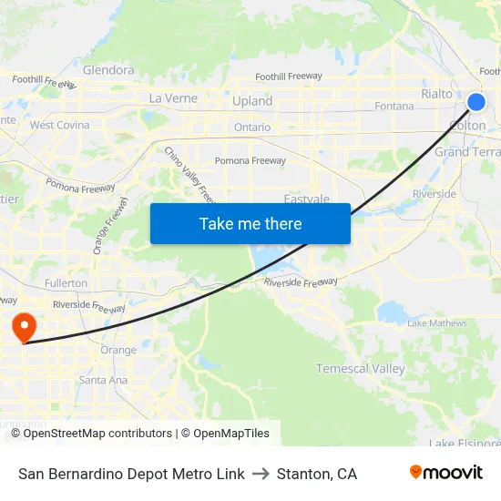 San Bernardino Depot Metro Link to Stanton, CA map