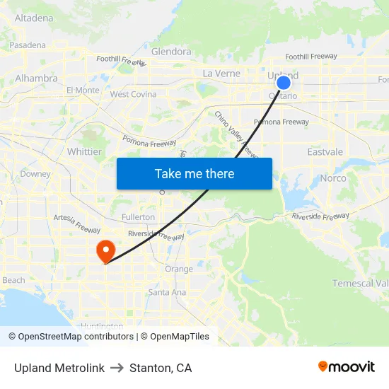 Upland Metrolink to Stanton, CA map
