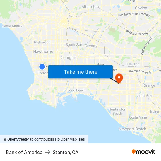Bank of America to Stanton, CA map