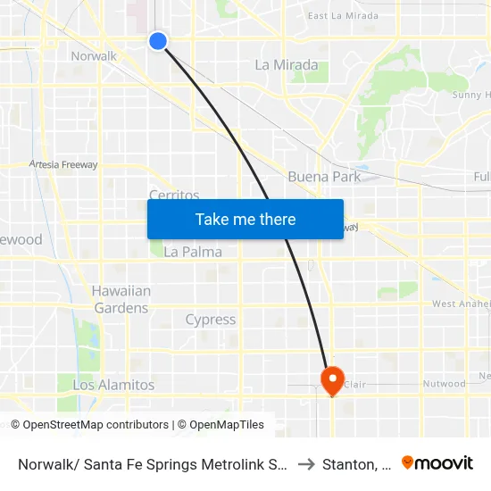 Norwalk/ Santa Fe Springs Metrolink Station to Stanton, CA map