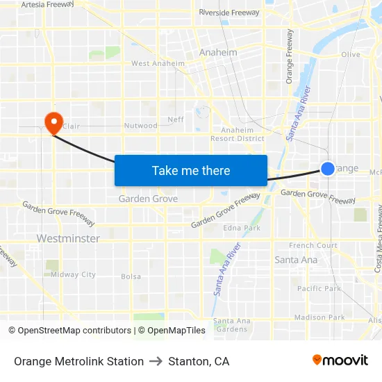 Orange Metrolink Station to Stanton, CA map
