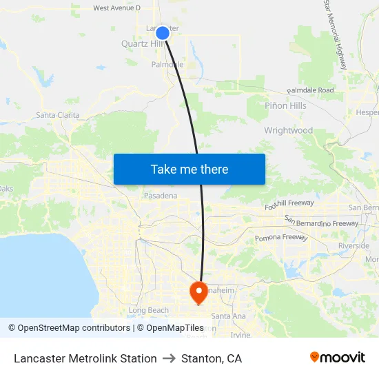 Lancaster Metrolink Station to Stanton, CA map