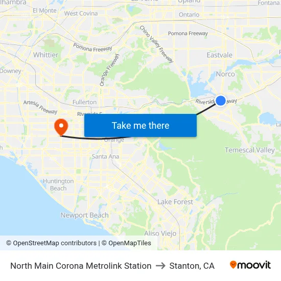 North Main Corona Metrolink Station to Stanton, CA map