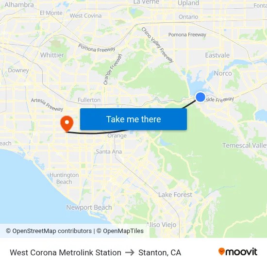 West Corona Metrolink Station to Stanton, CA map