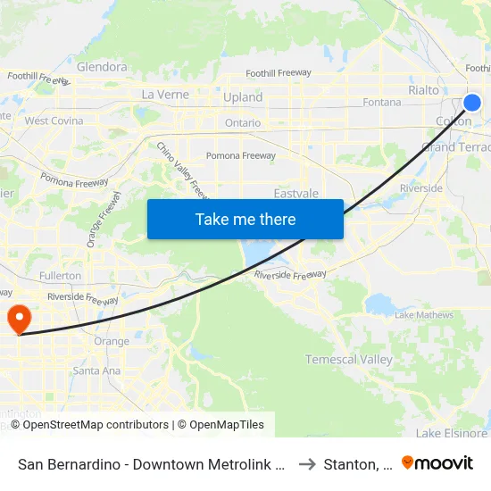 San Bernardino - Downtown Metrolink Station to Stanton, CA map