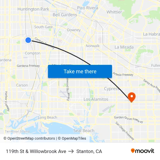 119th St & Willowbrook Ave to Stanton, CA map
