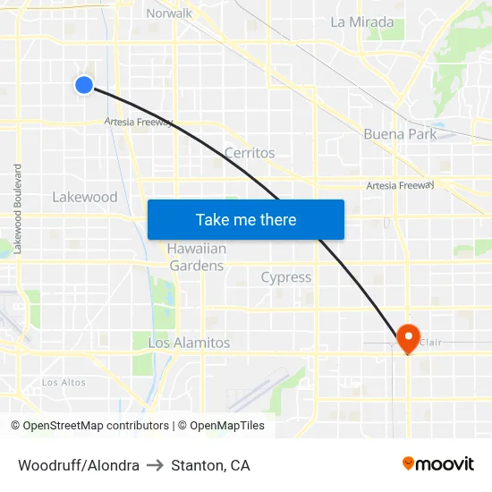Woodruff/Alondra to Stanton, CA map