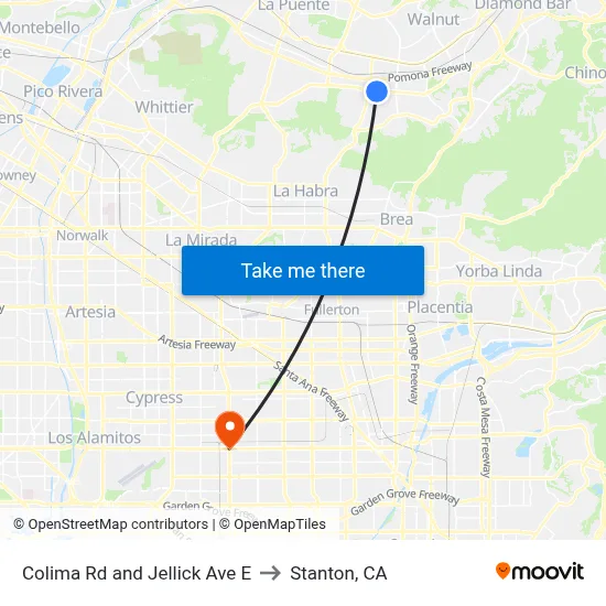 Colima Rd and Jellick Ave E to Stanton, CA map