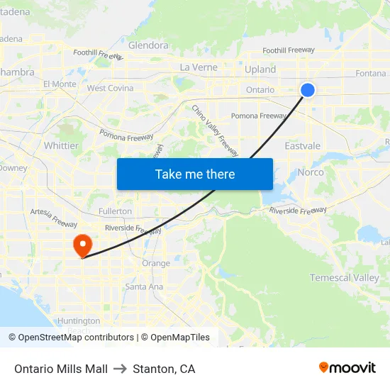 Ontario Mills Mall to Stanton, CA map