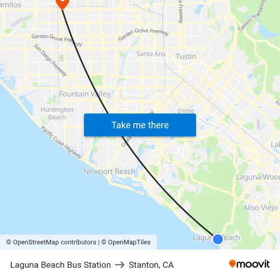 Laguna Beach Bus Station to Stanton, CA map