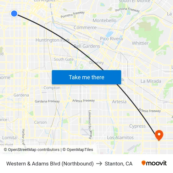 Western & Adams Blvd (Northbound) to Stanton, CA map