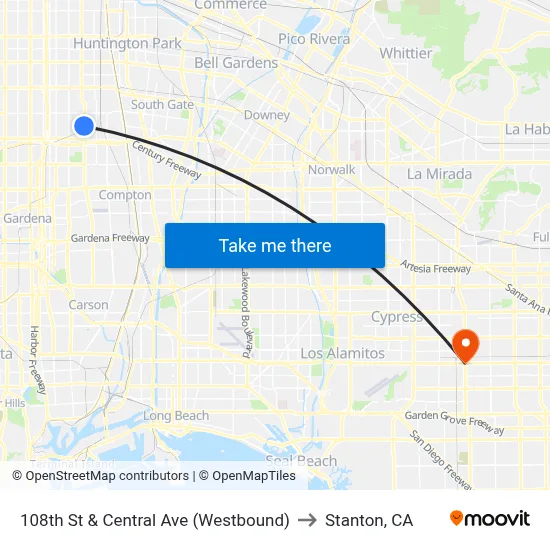 108th St & Central Ave (Westbound) to Stanton, CA map