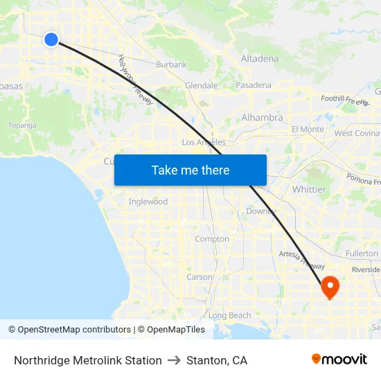 Northridge Metrolink Station to Stanton, CA map