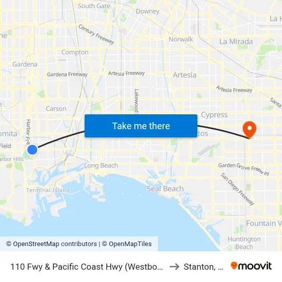 110 Fwy & Pacific Coast Hwy (Westbound) to Stanton, CA map