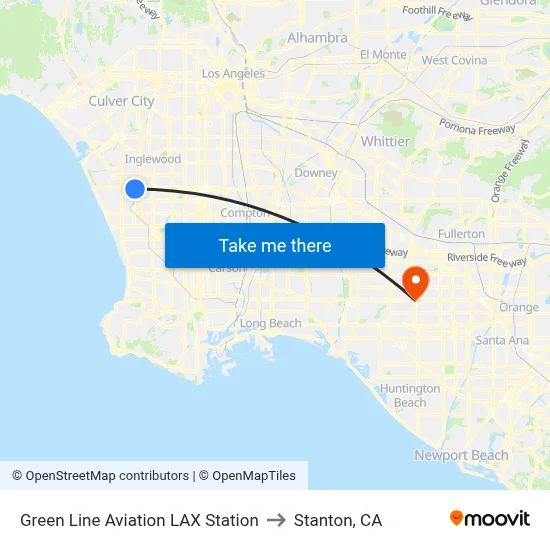 Green Line Aviation LAX Station to Stanton, CA map