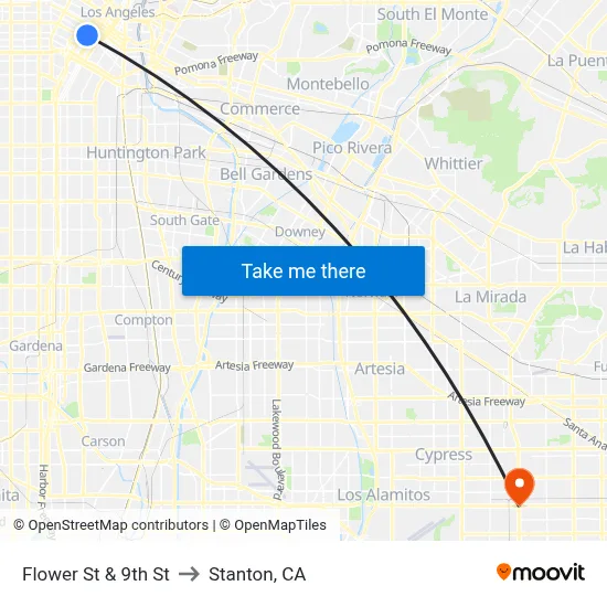 Flower St & 9th St to Stanton, CA map