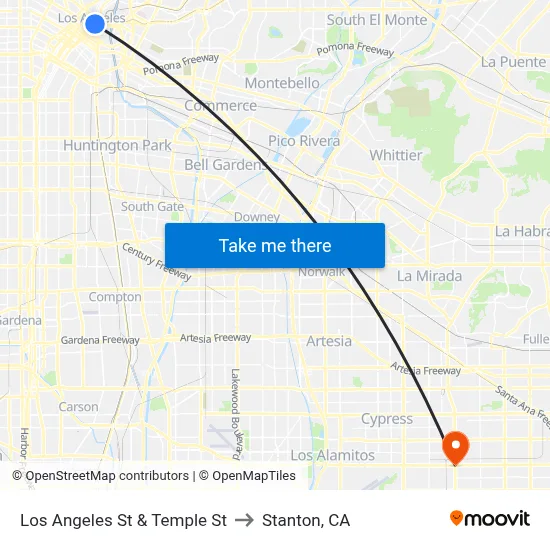 Los Angeles St & Temple St to Stanton, CA map