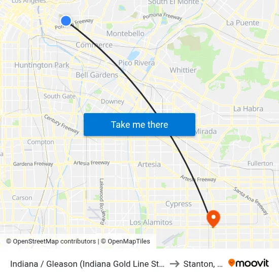 Indiana / Gleason (Indiana Gold Line Station) to Stanton, CA map