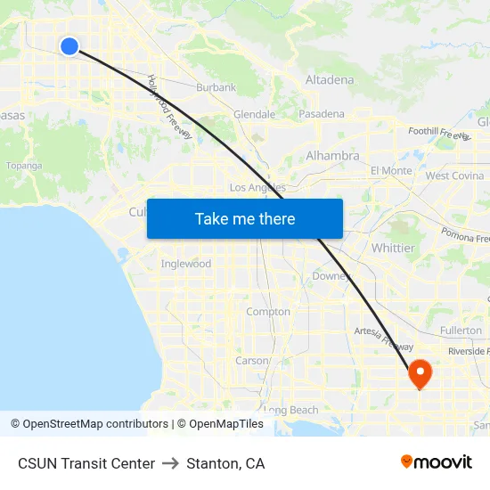 CSUN Transit Center to Stanton, CA map