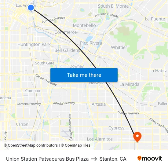 Union Station Patsaouras Bus Plaza to Stanton, CA map
