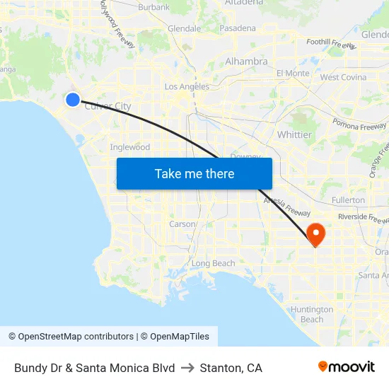 Bundy Dr & Santa Monica Blvd to Stanton, CA map