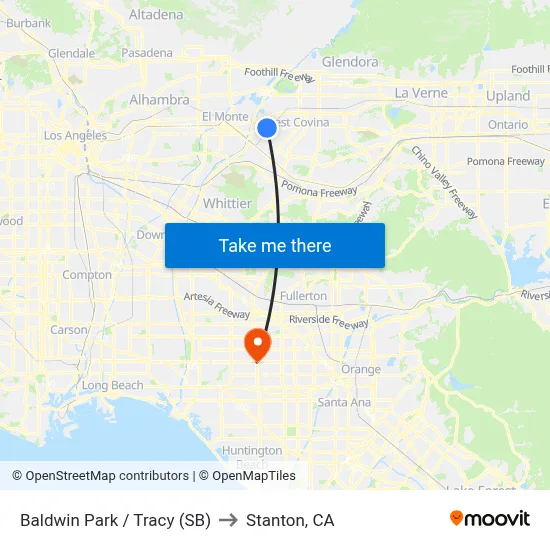 Baldwin Park / Tracy (SB) to Stanton, CA map
