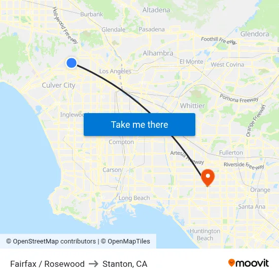 Fairfax / Rosewood to Stanton, CA map