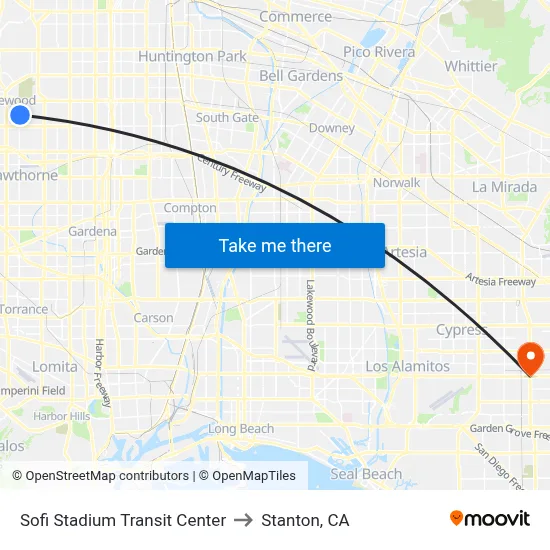 Sofi Stadium Transit Center to Stanton, CA map