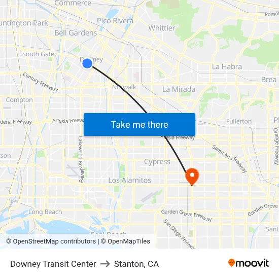 Downey Transit Center to Stanton, CA map