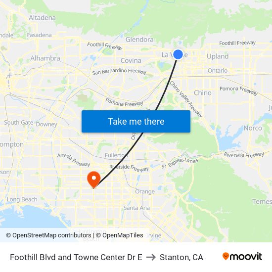 Foothill Blvd and Towne Center Dr E to Stanton, CA map