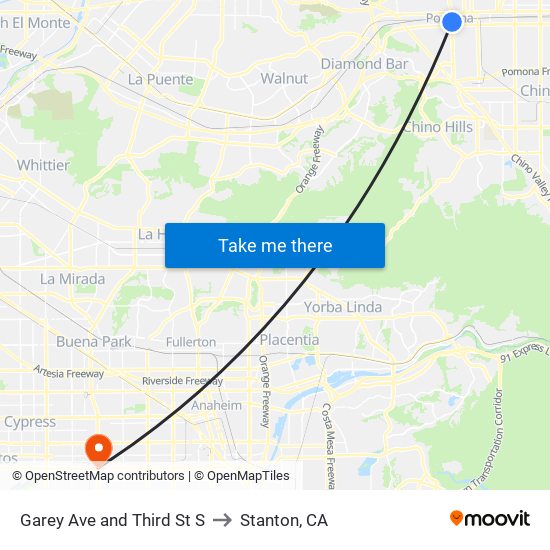 Garey Ave and Third St S to Stanton, CA map