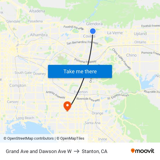 Grand Ave and Dawson Ave W to Stanton, CA map