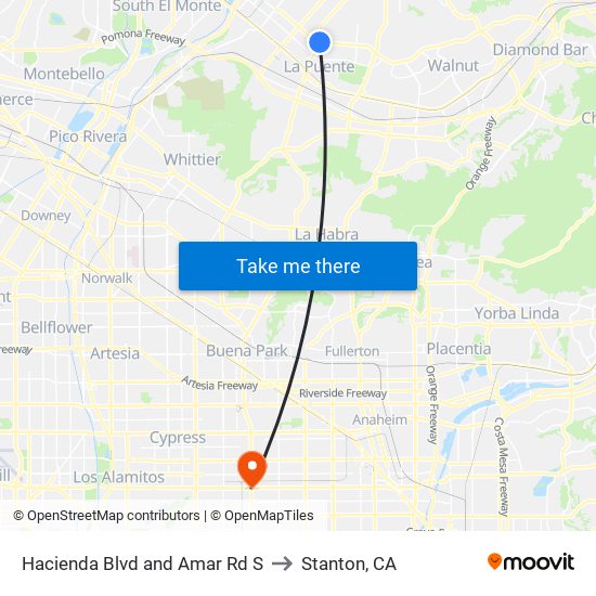 Hacienda Blvd and Amar Rd S to Stanton, CA map