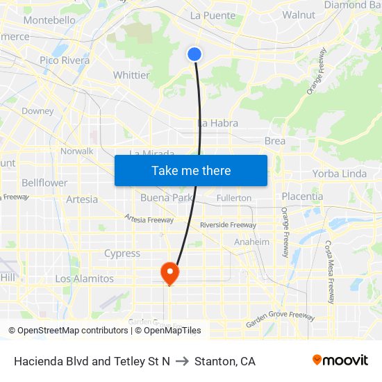 Hacienda Blvd and Tetley St N to Stanton, CA map