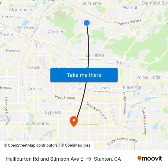 Halliburton Rd and Stimson Ave E to Stanton, CA map