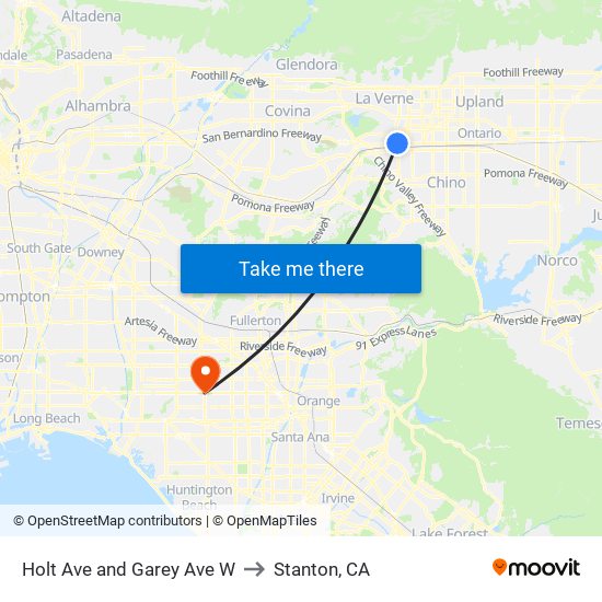 Holt Ave and Garey Ave W to Stanton, CA map
