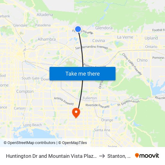 Huntington Dr and Mountain Vista Plaza W to Stanton, CA map