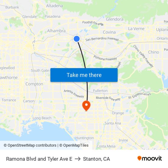 Ramona Blvd and Tyler Ave E to Stanton, CA map