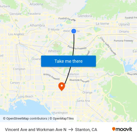 Vincent Ave and Workman Ave N to Stanton, CA map
