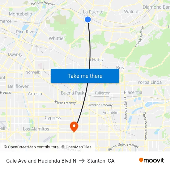 Gale Ave and Hacienda Blvd N to Stanton, CA map