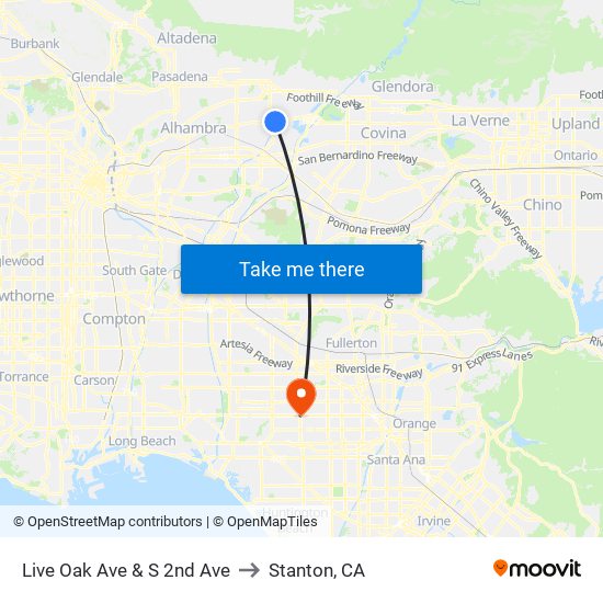 Live Oak Ave & S 2nd Ave to Stanton, CA map