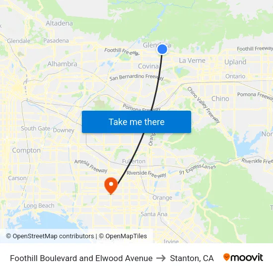 Foothill Boulevard and Elwood Avenue to Stanton, CA map