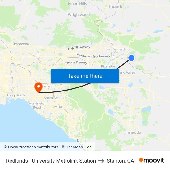 Redlands - University Metrolink Station to Stanton, CA map