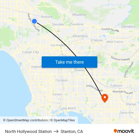 North Hollywood Station to Stanton, CA map