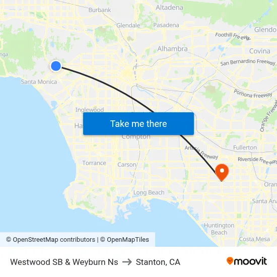 Westwood SB & Weyburn Ns to Stanton, CA map