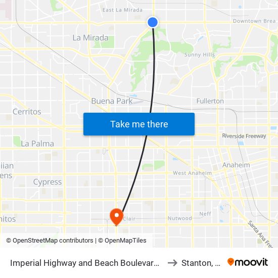 Imperial Highway and Beach Boulevard- N/ to Stanton, CA map