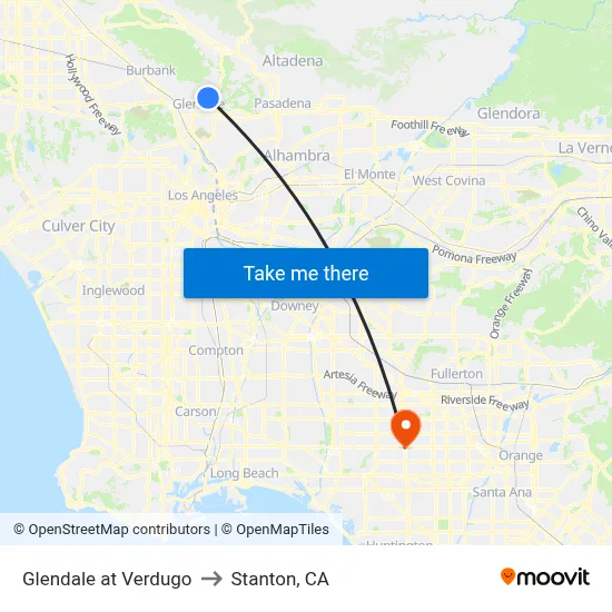 Glendale at Verdugo to Stanton, CA map