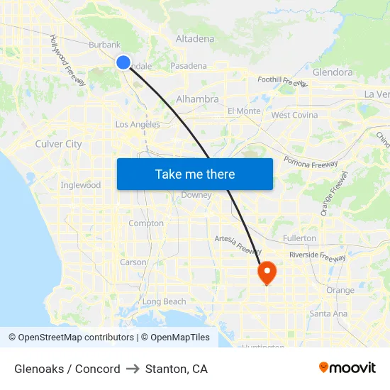 Glenoaks / Concord to Stanton, CA map